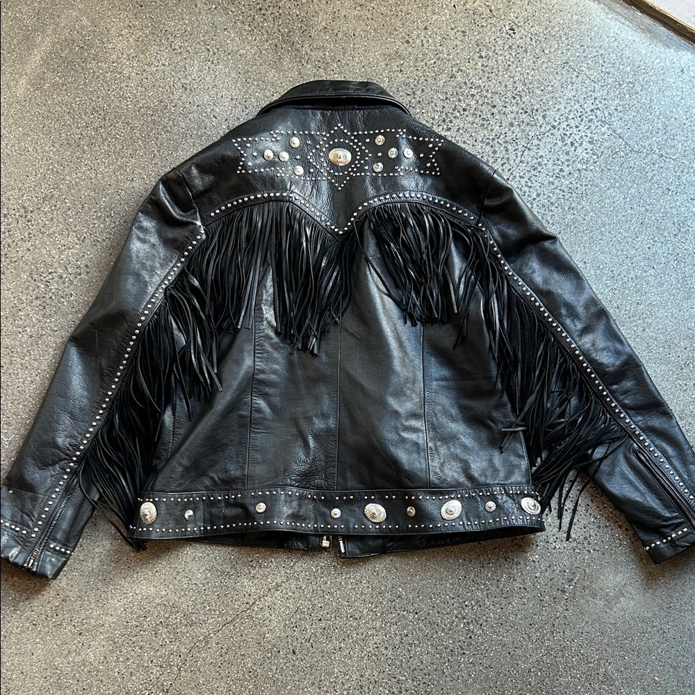 Black Fringe Leather Jacket with Studs